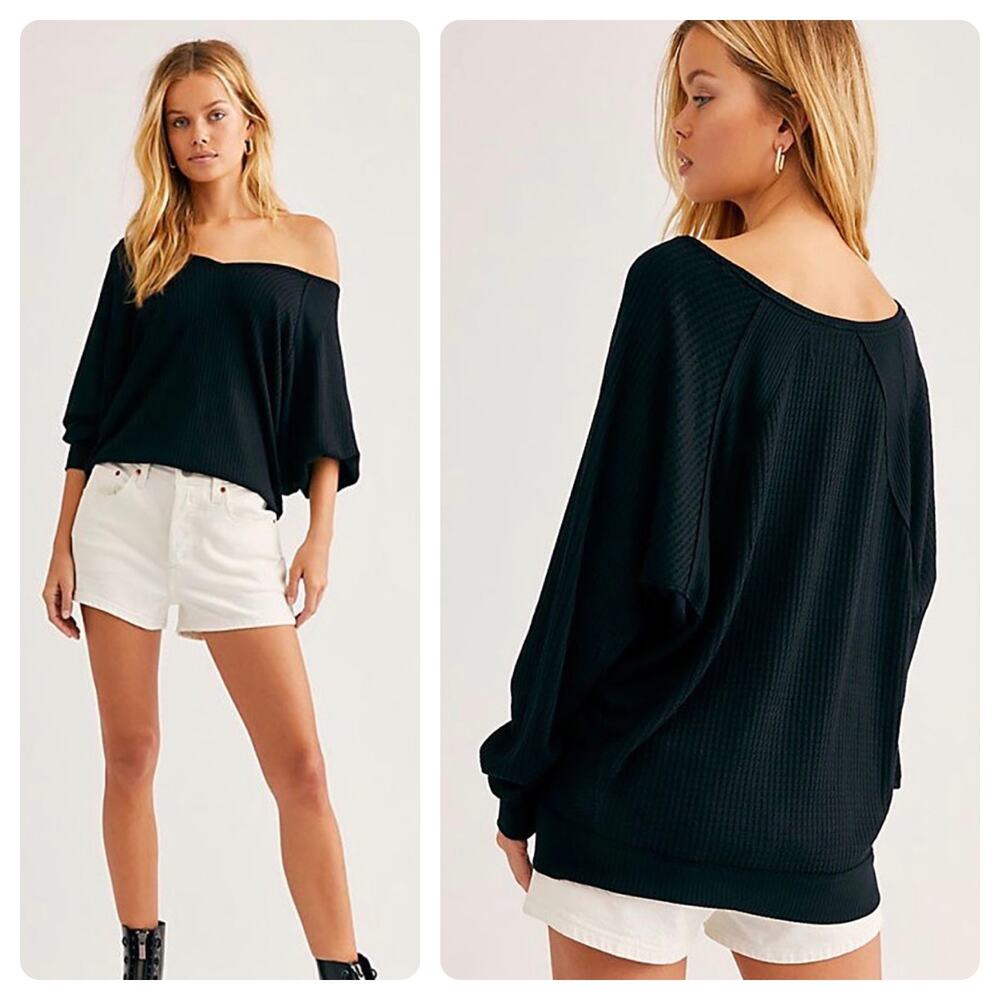 NWT Free People Black Santa Clara Oversized Thermal Top Women’s size Medium